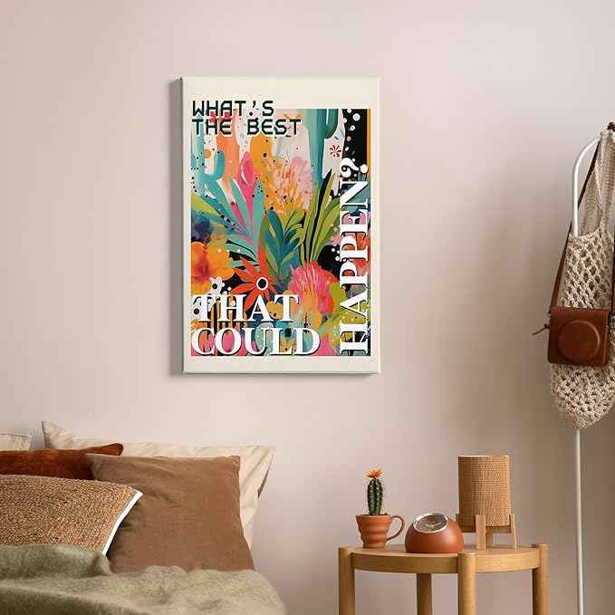 HIWX What's the Best That Could Happen Maximalist Floral Framed Canvas Painting Wall Art Decor, Funky Eclectic Botanical Inspirational Wall Art Home Decoration for Home Bedroom Room, 16x24