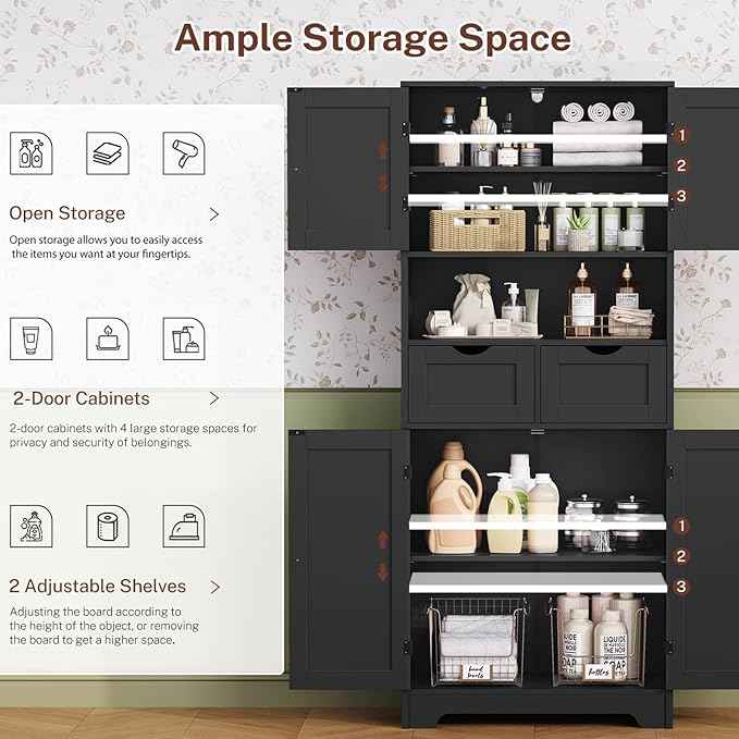 Iwell 57.8" H Tall Storage Cabinet with 2 Drawers & 2 Adjustable Shelves, Kitchen Cabinet with 4 Doors, Tall Cabinet for Living Room, Dining Room, Entryway, Black