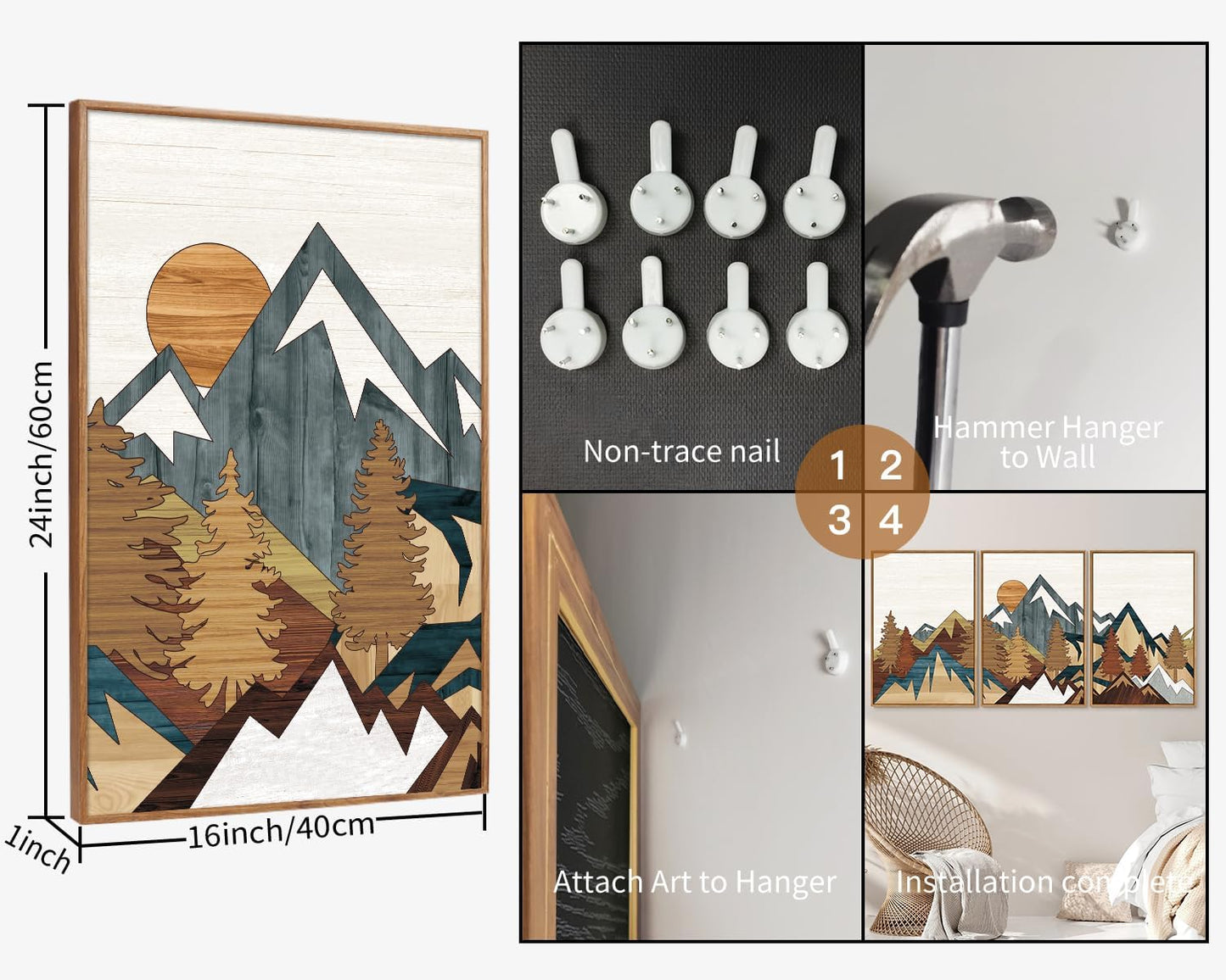 SIGNINART Large Mountain Framed Canvas Wall Art, Boho Sunrise Wilderness Art Prints, Vintage Forest Nature Artwork, Modern Farmhouse Woodcut Style Wall Decor for Living Room Bedroom Office 24"x36"x3