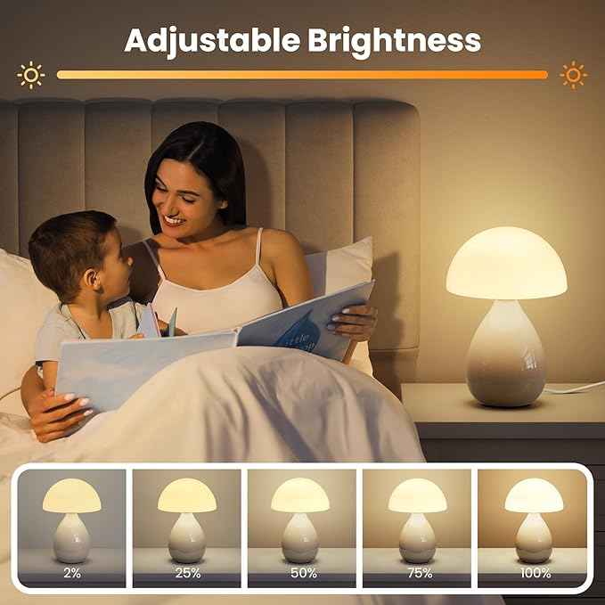 Mushroom Lamp Small Vintage Table Light, Mini Modern Lamp Bedside Nightstand LED, Small Light Dimmable for Bedroom, Living Room, Ceramic Base Glass Led Home Decor for Woman Gifts