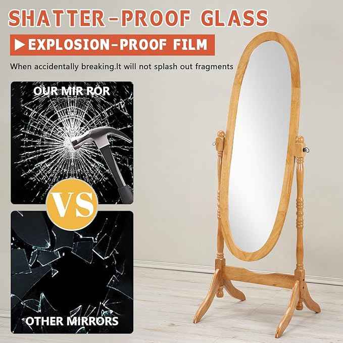 Full Length Mirror with Stand, Swivel Adjustable Oval Wood Cheval Floor Mirror, Dressing Cheval Mirror for Bedroom Livingroom, Interior Gift Idea (Oak)