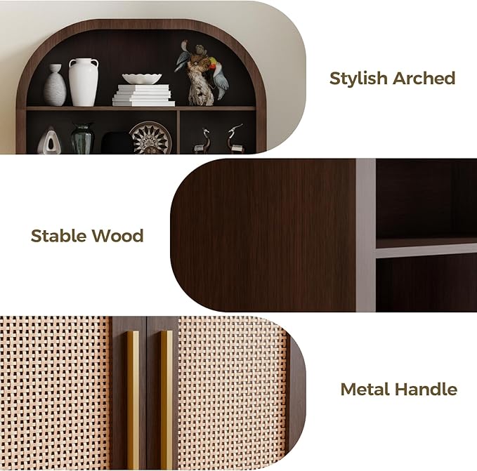 71" Arched Tall Wood Storage Cabinet - 5-Tier Rattan Door Pantry Organizer with Divider Shelf & Gold Handles, Versatile Bookcase for Living Room & Kitchen, Dark Brown