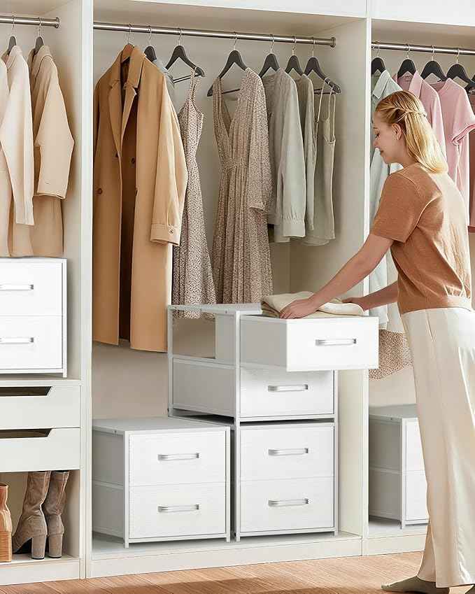 Stackable Storage Drawers - 2 Tier Closet Drawers, Closet Organizer with Metal Handles, Night Stand with Collapsible Bins, Fabric Dresser for Bedroom, Dorm, Office, White, 2 Pack