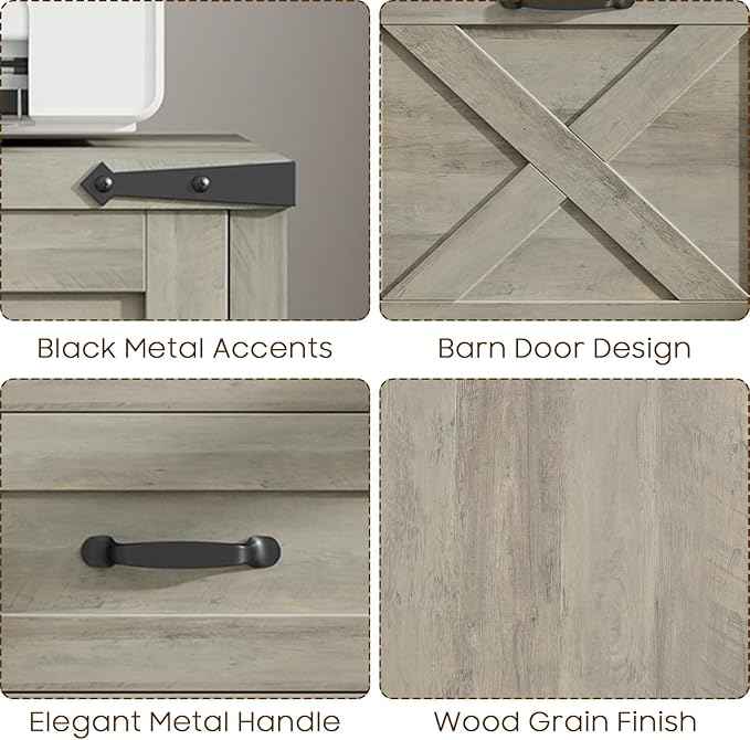 Vabches Vertical File Cabinet with 3 Drawers, Wooden Farmhouse Filing Cabinet for Letter/A4 Size Hanging Files, Under Desk Printer Stand with Storage for Home Office, Grey
