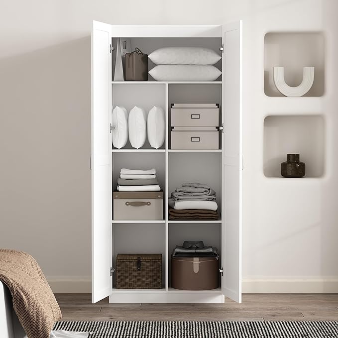 Manhattan Comfort Cornelia Modern Tall Storage Cabinet with Doors and Adjustable Shelves 1.0 - Freestanding Pantry Organizer for Kitchen, Laundry Room, Garage, or Mudroom, Set of 1, White