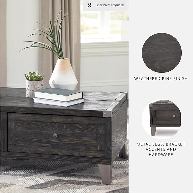 Signature Design by Ashley Todoe Industrial Spring-Lift Top Coffee Table, 2 Storage Drawers, Metal Legs, Wood, 54.38" W x 28.5" D x 18.25" H, Dark Gray & Weathered Pine Finish