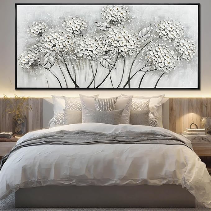 Kureful Grey and White Hand Painted Wall Art Flower Canvas Artwork Contemporary Oil Paintings 40"x86" Decorations for Bedroom Office