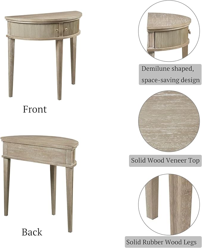 Martha Stewart Crestview Hall Console Table for Entryway with Storage, Solid Rubber Wood Frame, Vintage Demilune Shape, Bronze Knobs, Farmhouse Living Room Furniture Décor, 36" Wide Reclaimed Greige