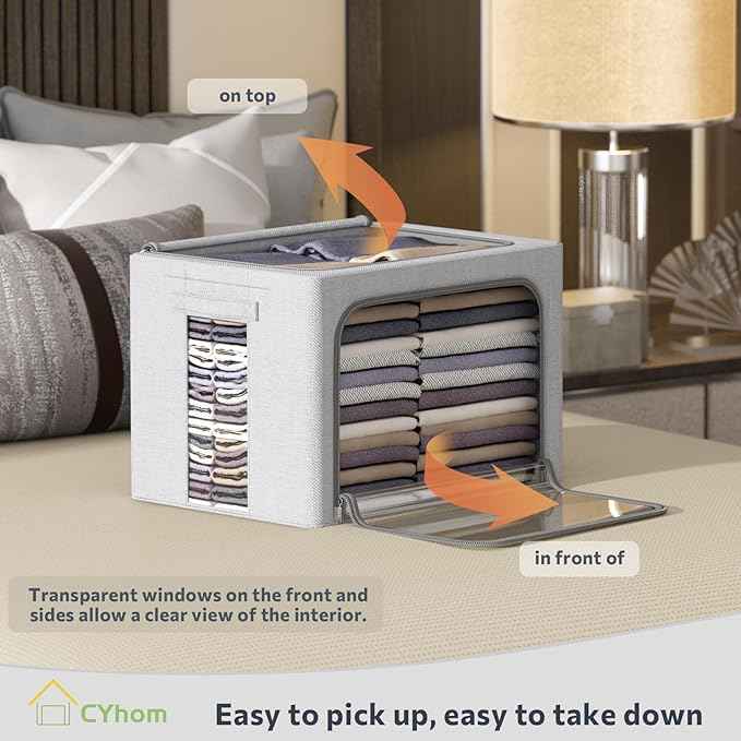 CYhom 2Pack Extra Large Clothes Storage Bins Box - Linen Fabric Foldable Stackable Container Organizer Set with Clear Window & Carry Handles & Metal Frame (Light Grey, Extra Large-100L)