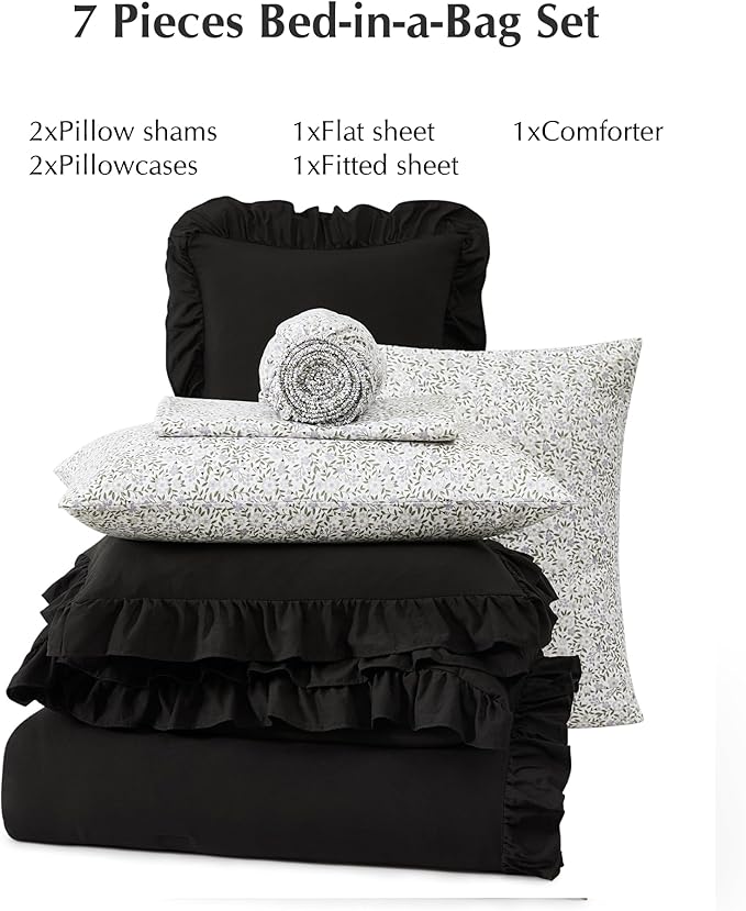 King Comforter Set - 7 Pieces Ruffle Black Bedding Sets, Shabby Chic Farmhouse Bed in a Bag King with Ruffle Comforter, Floral Sheets, Pillowcases & Shams