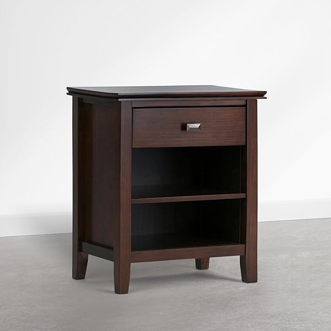 SIMPLIHOME Artisan Bedside Table - 24 inch Wide Solid Wood Nightstand Table in Autumn Brown, Contemporary Side or End Table with 1 Drawer, Open Shelf Storage and Bronze Knobs