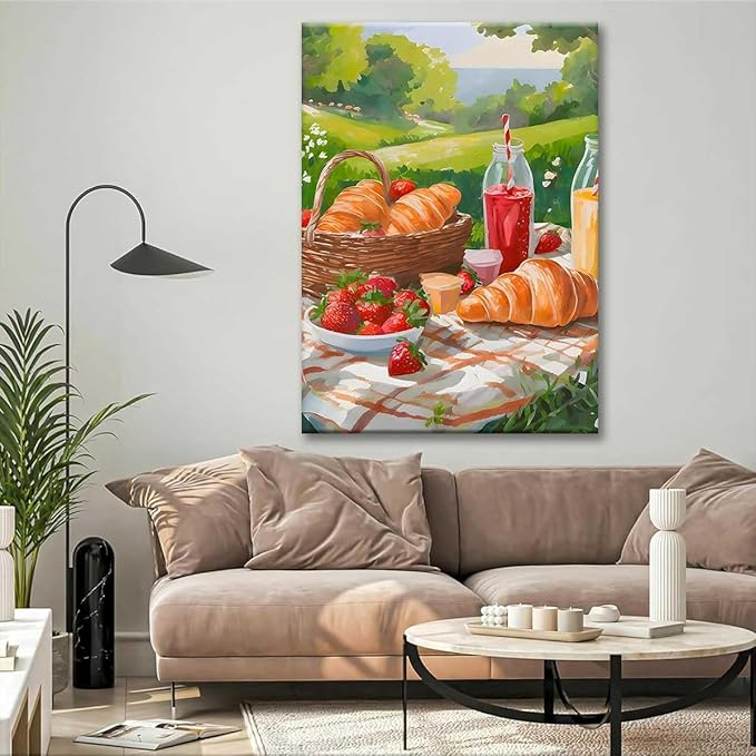 Paint by Numbers Kit for Adults Framed, Summer Picnic with Croissants and Strawberries, DIY Oil Painting, Pre-Printed Canvas Wall Art Home Decor Gift, 16x20inch Framed, 24 Colors
