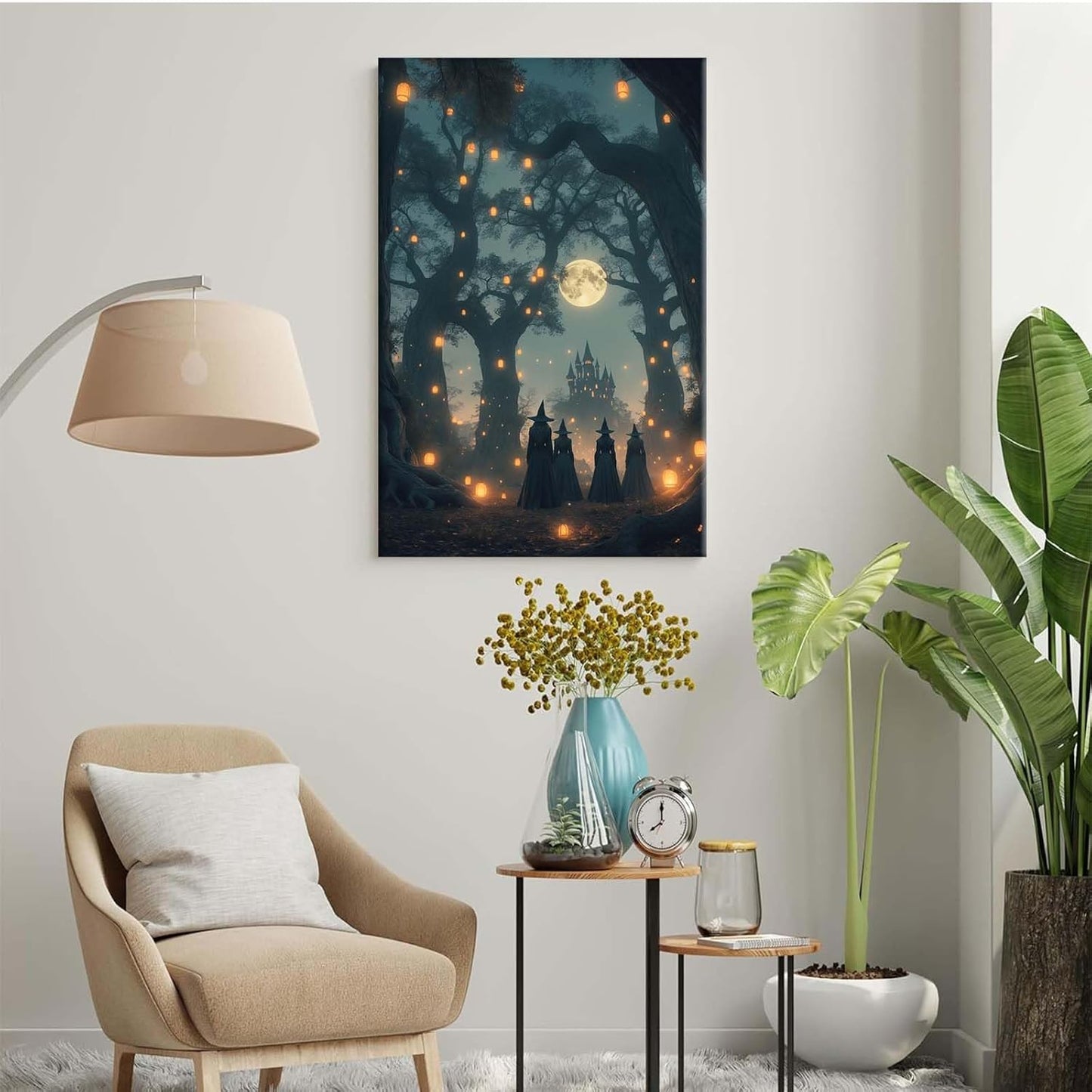 JFHCQJPK Mysterious creek painting witch and castle in magic forest art print canvas gothic print dark college decoration poster for home bedroom32x48in Frameless