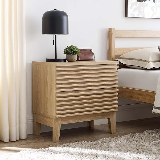 Modway Render Mid-Century Modern, Two-Drawer Nightstand, Oak