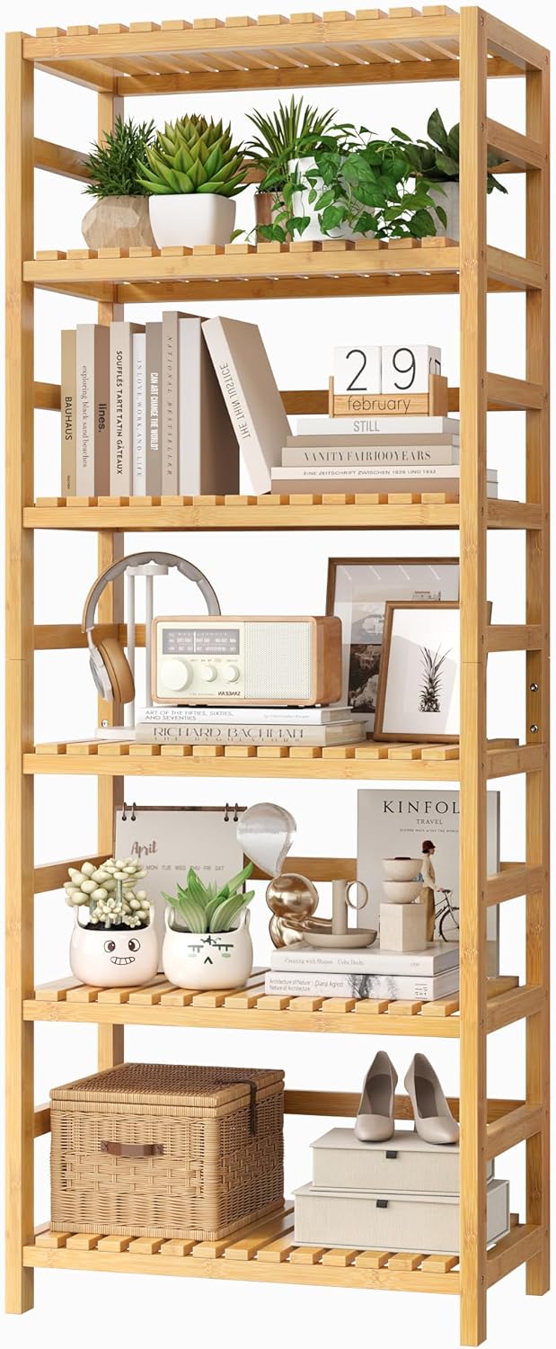 FOTOSOK 6-Tier Bamboo Shelf, Bamboo Bookcase with Adjustable Shelves, Free Standing Storage Shelf Unit, Plant Flower Stand for Kitchen, Bathroom, Home Office, Natural - Décor Diaries