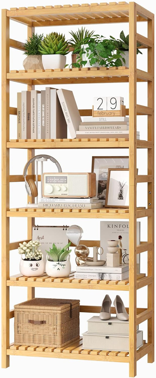 FOTOSOK 6-Tier Bamboo Shelf, Bamboo Bookcase with Adjustable Shelves, Free Standing Storage Shelf Unit, Plant Flower Stand for Kitchen, Bathroom, Home Office, Natural - Décor Diaries