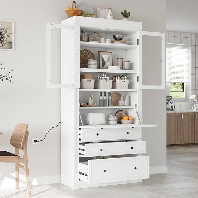 Merax 78 Inch Extra-Tall Freestanding Kitchen Pantry Storage Cabinet, Multifunctional Cupboard with 3 Drawers, Adjustable Shelves & Power Outlet Drop-Down Surface for Dining and Living Room, White