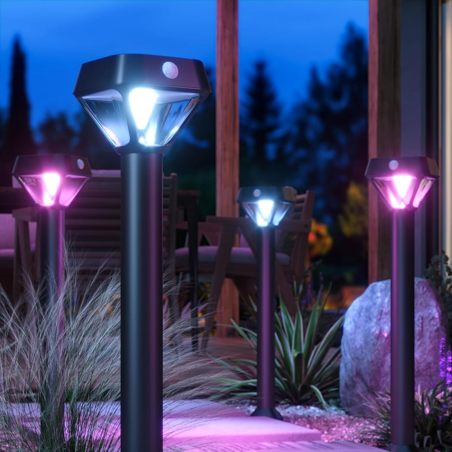 XMCOSY+ Smart Pathway Lights Solar Powered, 150LM Solar Motion Lights Outdoor Waterproof with APP Control, Works with Alexa RGBCW Color Changing Garden Light for Yard Walkway Driveway Pathway, 6 Pack