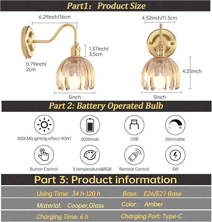 Vintage Battery Operated Wall Sconce Set of 2, 5000mAh Rechargeable Wall Light, Indoor Battery Powered Wall Lamp for Bedside Bedroom Living Room, Tulip Amber