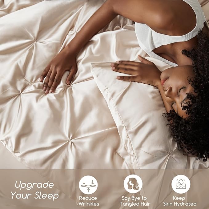 MR&HM Satin Comforter King 7 Pieces - Luxurious Pinch Pleat Bedding Set with Comforter, Flat Sheet, Fitted Sheet, Pillowcases & Shams, Super Silky Soft Bed Set for All Season (King, Beige)
