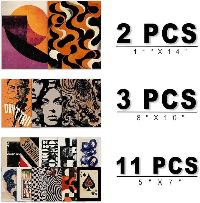 16 PCS Retro 70s Wall Art Decor, Eclectic Vintage Gallery Wall Prints for Bedroom, Abstract Minimalist Posters for Living Room Aesthetic, Collage Kit Pictures, 60s 80s 90s Dorm Home Decor
