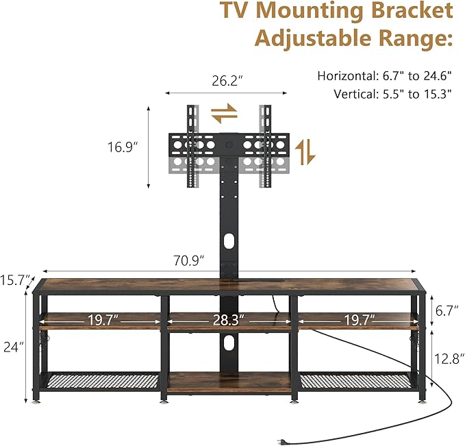VECELO TV Stand with Mount and Power Outlets, Entertainment Center for 60/65/70/75/80 inch TVs, Height Adjustable Media Console with Storage Shelves, for Living Room, Bedroom, Rustic Brown