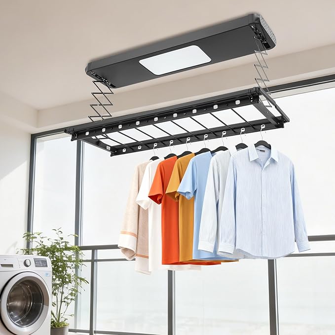 Electric Retractable Airing Rack, Ceiling Mounted Clothes Drying Rack, Retractable Clothesline, Vertical Laundry Drying Rod with LED Light & Remote, 110V 24W, Black