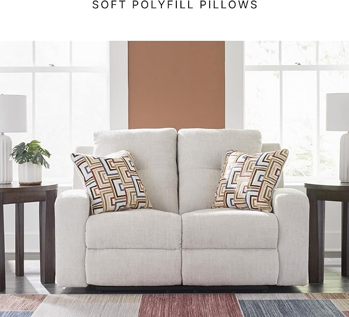 Signature Design by Ashley Danum Modern Tufted Manual Reclining Loveseat with 2 Accent Pillows, Beige