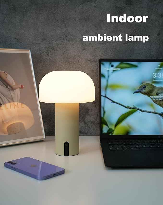 Cordless Mushroom Table Lamp, Waterproof Shower Lamp, Battery Operated Table Lamp Rechargeable, Touch Dimmable Night Light for Bedroom/Patio/Camping/Dinning/Outdoor (Khaki)