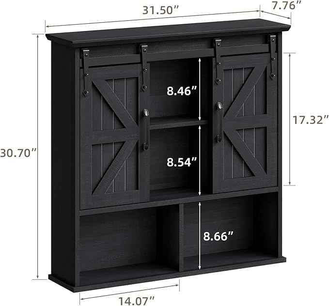 Vabches Bathroom Wall Cabinet, Farmhouse Medicine Cabinet with Double Sliding Barn Door and Adjustable Shelves, Wooden Vintage Storage Cabinet Wall Mounted for Bathroom, Kitchen Dining, Black