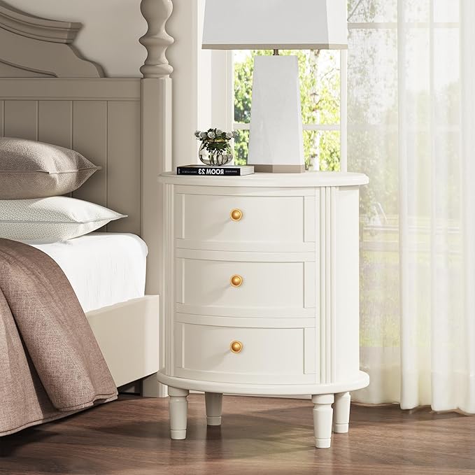 LITTLE TREE No Assembly Nightstand with 3 Drawers, Farmhouse Off-White Bedside Table for Bedroom, All Wooden Oval Nightstand with Storage