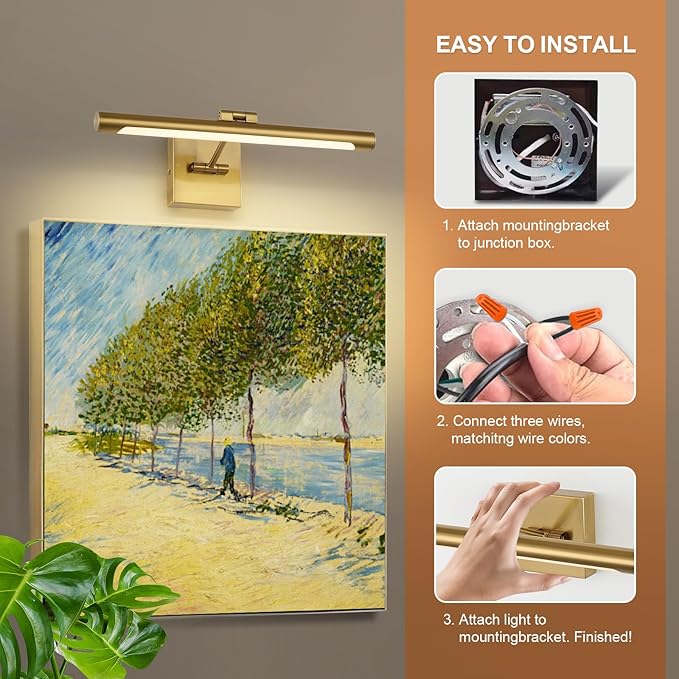 LED Picture Light Fixtures 16.54 Inches, Modern Metal Artwork Wall Lamps with Single Swing Arm, 9W (50W Eqv.), Hardwired Connection, Non-Dimmable, 3000K Warm White, CRI80+, Golden-Like Brass Finish