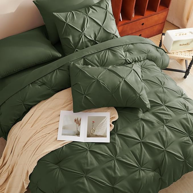 CozyLux Queen Comforter Set Olive Green, 7 Pieces Pintuck Bed in A Bag, Premium Green Comforter Queen Size, Pinch Pleat Bedding Sets with Comforter, Sheets, Pillowcases & Shams