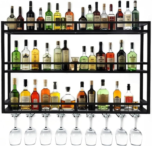 Modern Wine Rack Wall Mounted With Glass Holder,3-Tier Bar Liquor Shelf,Black,Metal Large Capacity Hanging Wine Storage Racks,Iron Floating Bar Shelves For Liquor Bottles,For Kitchen Dining Room