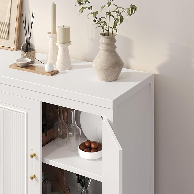 55'' Buffet Cabinet with Storage, Modern Fluted Door Design Sideboard Buffet Cabinet with Storage and Adjustable Shelf, Coffee Bar Station for Kitchen, Dining Room, Pure White