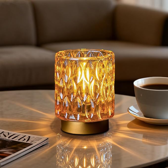 Battery Operated Table Lamps Timer, Mini Crystal Lamp for Area No Plug, Cordless Lamp with LED Bulb for Power Outage, Decorative Lamps for Tabletop/Corner/Entryway/Stairway/Bathroom/Fireplace (Amber)