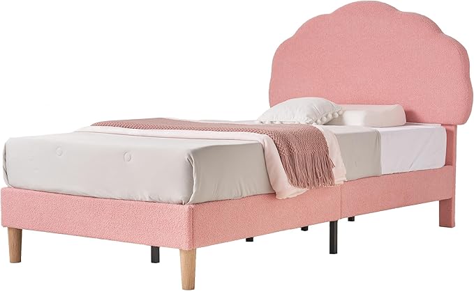 VECELO Twin Size Bed Frame, Upholstered Platform Bedframe with Height Adjustable Plush Fabric Headboard, Strong Wood Slat Supports, No Box Spring Needed, Pink