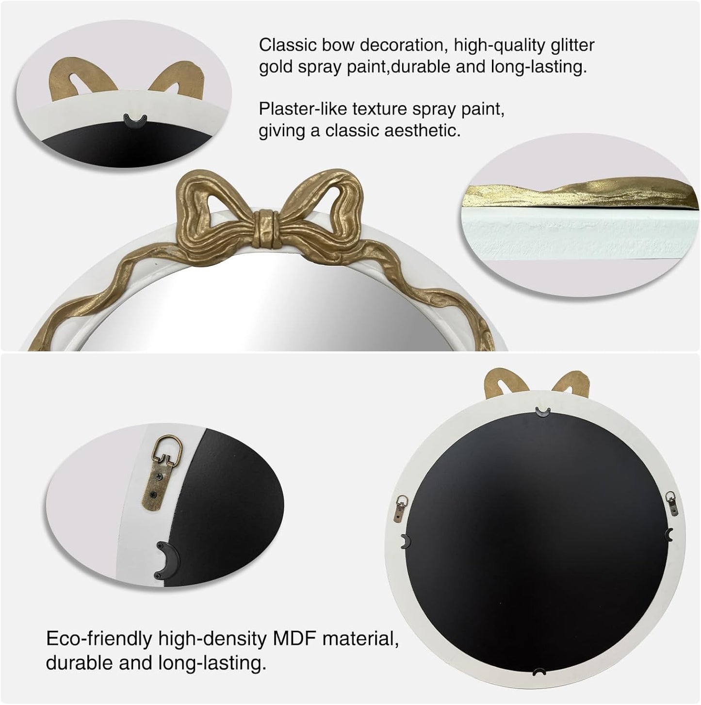 28 inch Round/Circle Wall Mirror, Vanity Bow Mirror for Wall Decor, Decorative Antique White&Gold Bathroom Mirrors, Traditional Art Home Decor for Dressing Table, Living Room, Bedroom