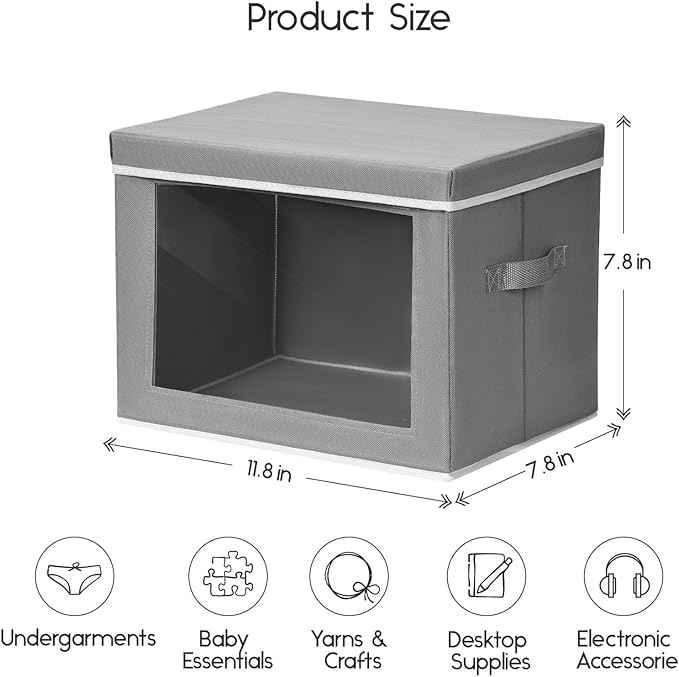 Storage Bins with Lids - Small Fabric Organizers with Window, Collapsible Storage Bins for Clothes, Decorative Closet Organizers for Towels, Tshirt, 3 Pack, Grey