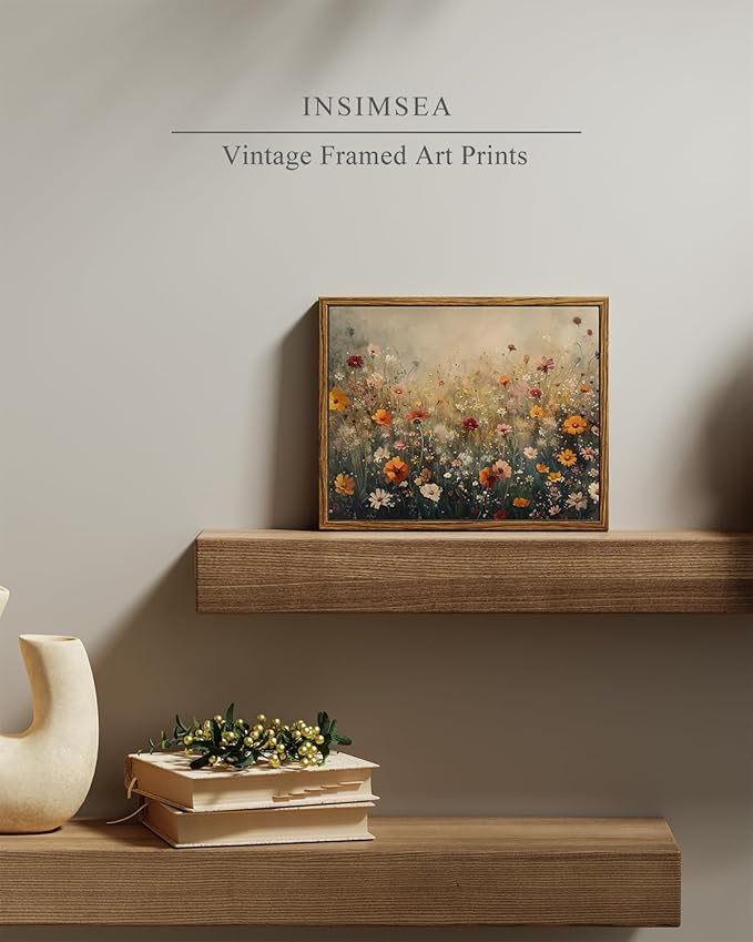 InSimSea Framed Canvas Wall Art, Vintage Flower Wildflower Prints Wall Decor for Living Room, Small Retro Landscape Painting Farmhouse Decorations for Bedroom Bathroom Shelf Gift, 8x10inch
