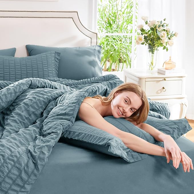 CozyLux Full Size Comforter Sets with Sheets 7 Pieces, Mineral Blue Seersucker Bed in a Bag Textured Luxury Soft Bedding Set with Down Alternative Comforter, Sheets, Pillowcases & Shams All Seasons