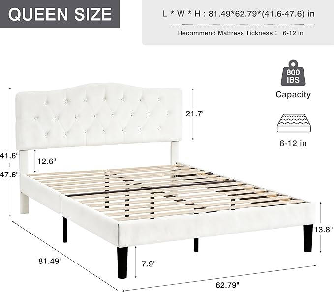 VECELO Queen Size Bed Frame with Upholstered Headboard, Velvet Platform Bedframe Mattress Foundation, Sturdy Wooden Slats Support,No Box Spring Needed Noise Free/Easy Assembly, White