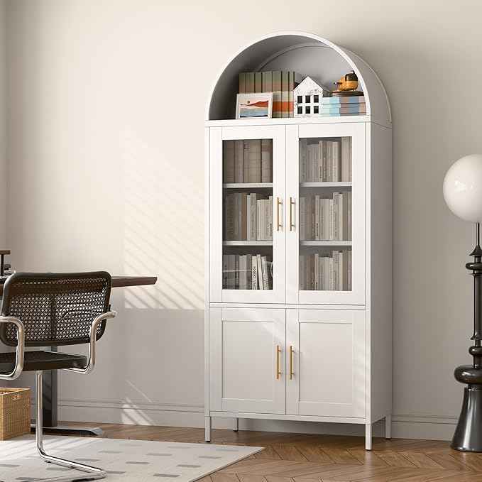 Metal White Arched Pantry Cabinet with 4 Doors,Arched Bookcase Cabinet with 2 Adjustable Shelves for Kitchen Home Office,Required Assembly