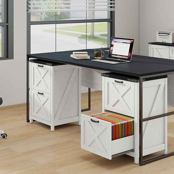 Vabches Vertical File Cabinet with 2 Drawers, Wooden Farmhouse Filing Cabinet for Letter/A4 Size Hanging Files, Under Desk Printer Stand with Storage for Home Office, White and Black