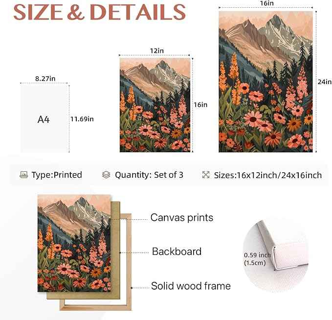 Cyebmo Framed Mountain Wildflower Wall Art Set of 3, Sunset Daisy Flower Wall Decor, Colorful Wildflower Canvas Painting, Nature Botanical Landscape Artwork for Bedroom Living Room 12x16 Inch