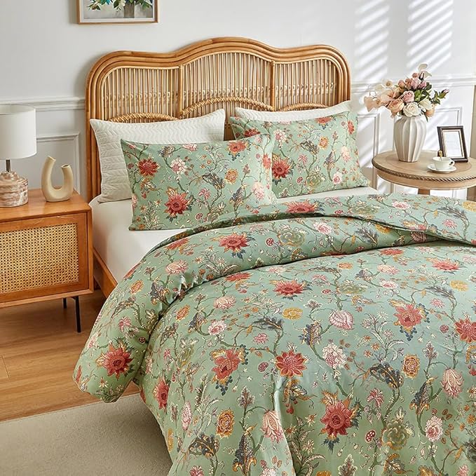 LifeTB Queen Comforter Set Boho Vintage Green Floral Comforter Bohemian Flower Vines Botanical Comforter with 2 Pillowcases Fluffy Soft Microfiber Farmhouse Floral Bedding Comforter Set Queen Size