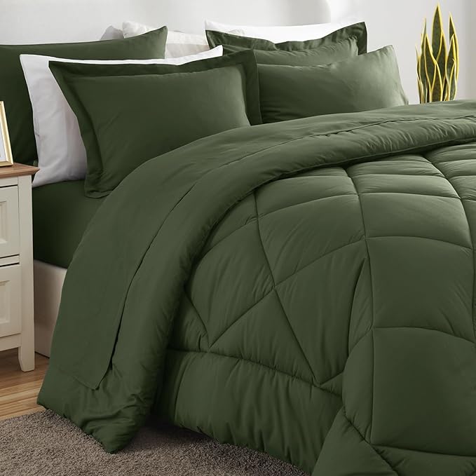 CozyLux King Size Comforter Set Olive Green - 7 Pieces Bed in a Bag King, Luxury Soft Bed Set for All Seasons, Bedding Set with Down Alternative Comforter, Sheets, Pillowcases & Shams