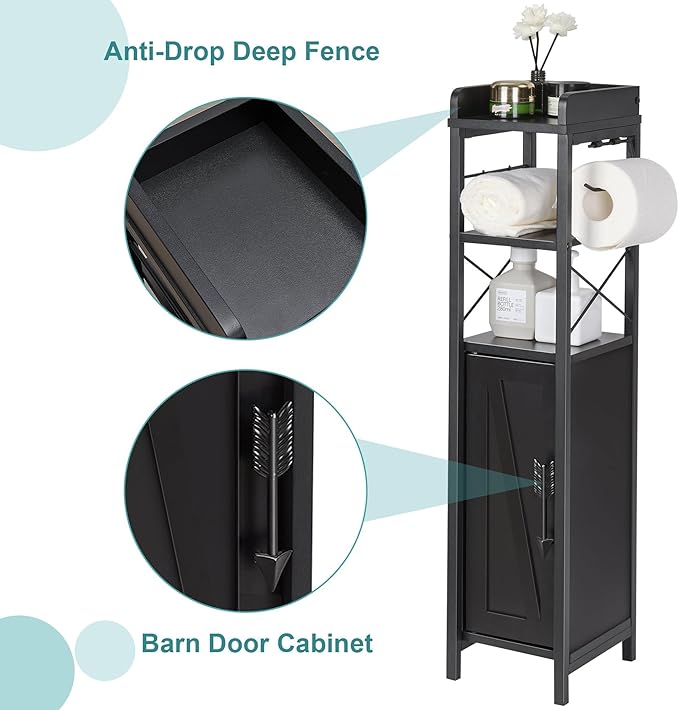 VECELO Small Bathroom Cabinet,Slim Toilet Paper Holder with Door&2 Shelves, Upgraded Narrow Storage Organizer for Restroom Bathroom Tiny Space,Metal Scroll Fenced Top Waterproof Coating,Black