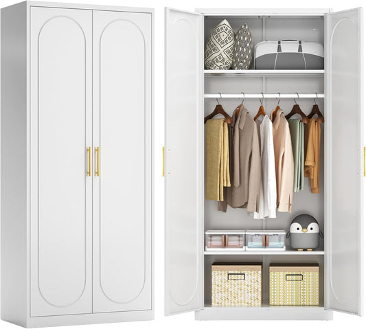 71" White Wardrobe Closet with 2 Doors, Metal Armoire Wardrobe Cabinet with Hanging Rod and Adjustable Shelves, Clothing Storage Cabinets for Bedroom, Laundry Room, Home Office