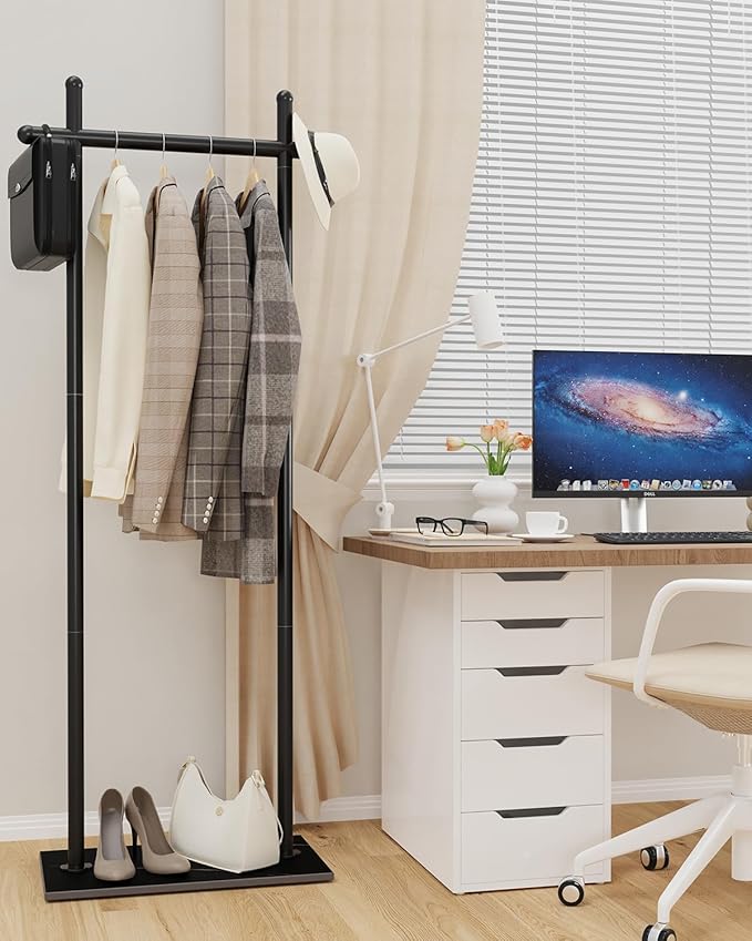 Coat Rack Freestanding with Natural Rock Base, Metal Coat Hanger Stand, Industrial Garment Rack, Clothes Tree for Bedroom Living Room Office To Hang Clothes, Hats, 68.9in, Black